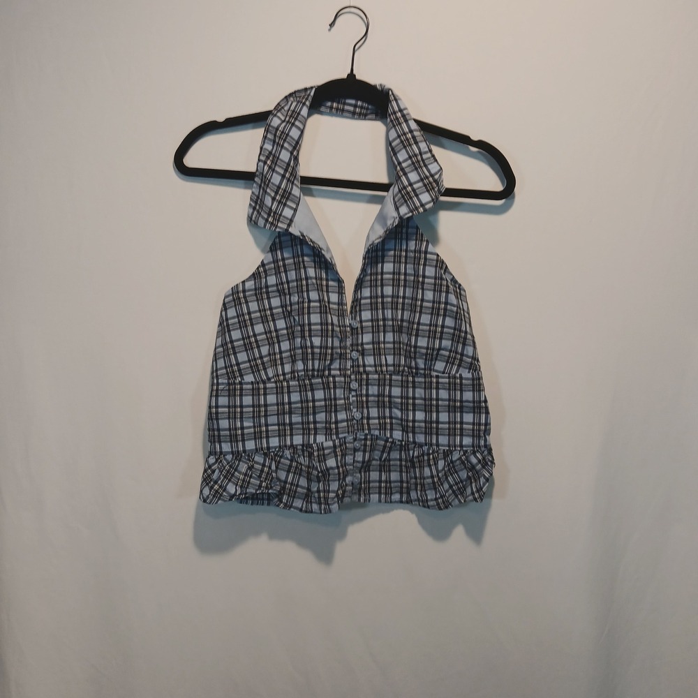 Hollister Med Halter Blue Plaid cottage y2k preppy 100% cotton 70s 90s beach